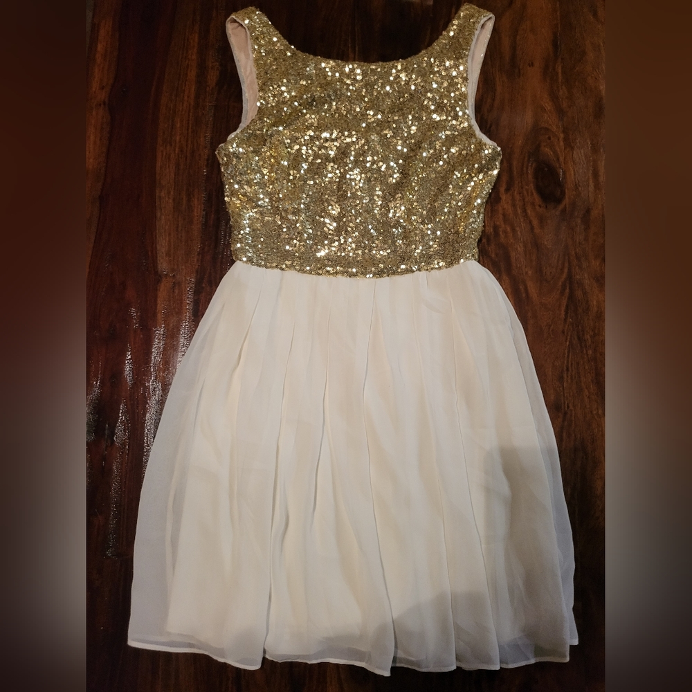 B DARLIN PARTY DRESS GIRL'S SZ 9/10 CREAM/GOLD SEQUINS EXCELLENT CONDITION